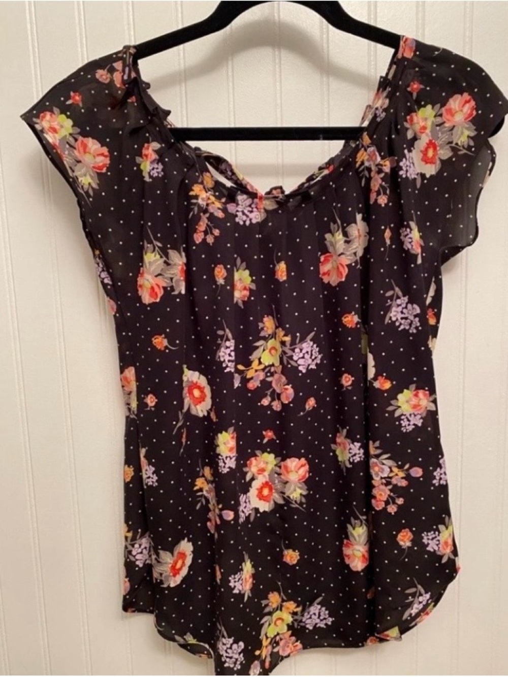 LC Lauren Conrad Black Floral Cap-Sleeve Blouse with Pink and Orange Accents